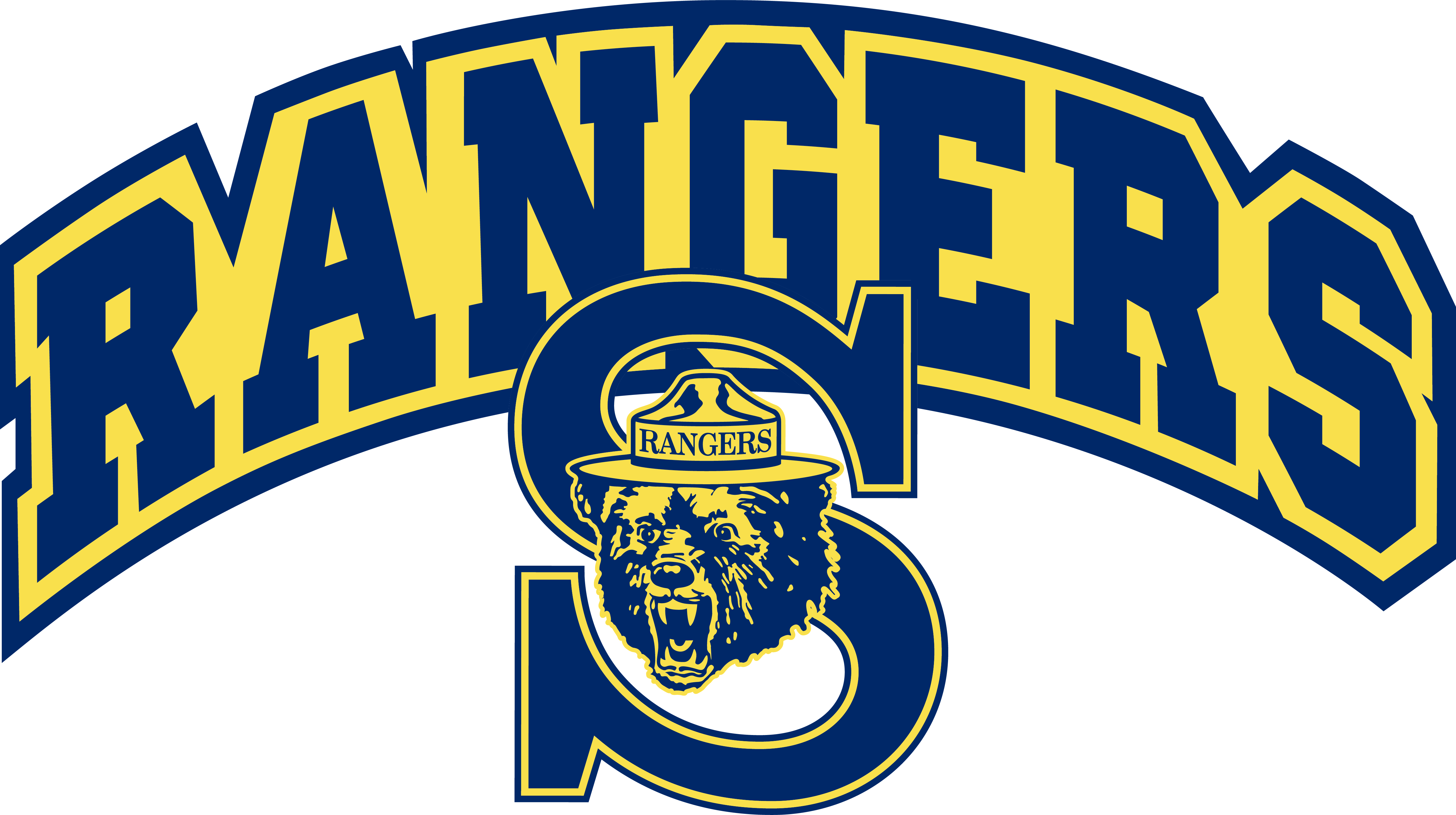 A sports team logo featuring the word "RANGERS" in arched blue and yellow lettering above a letter "S".